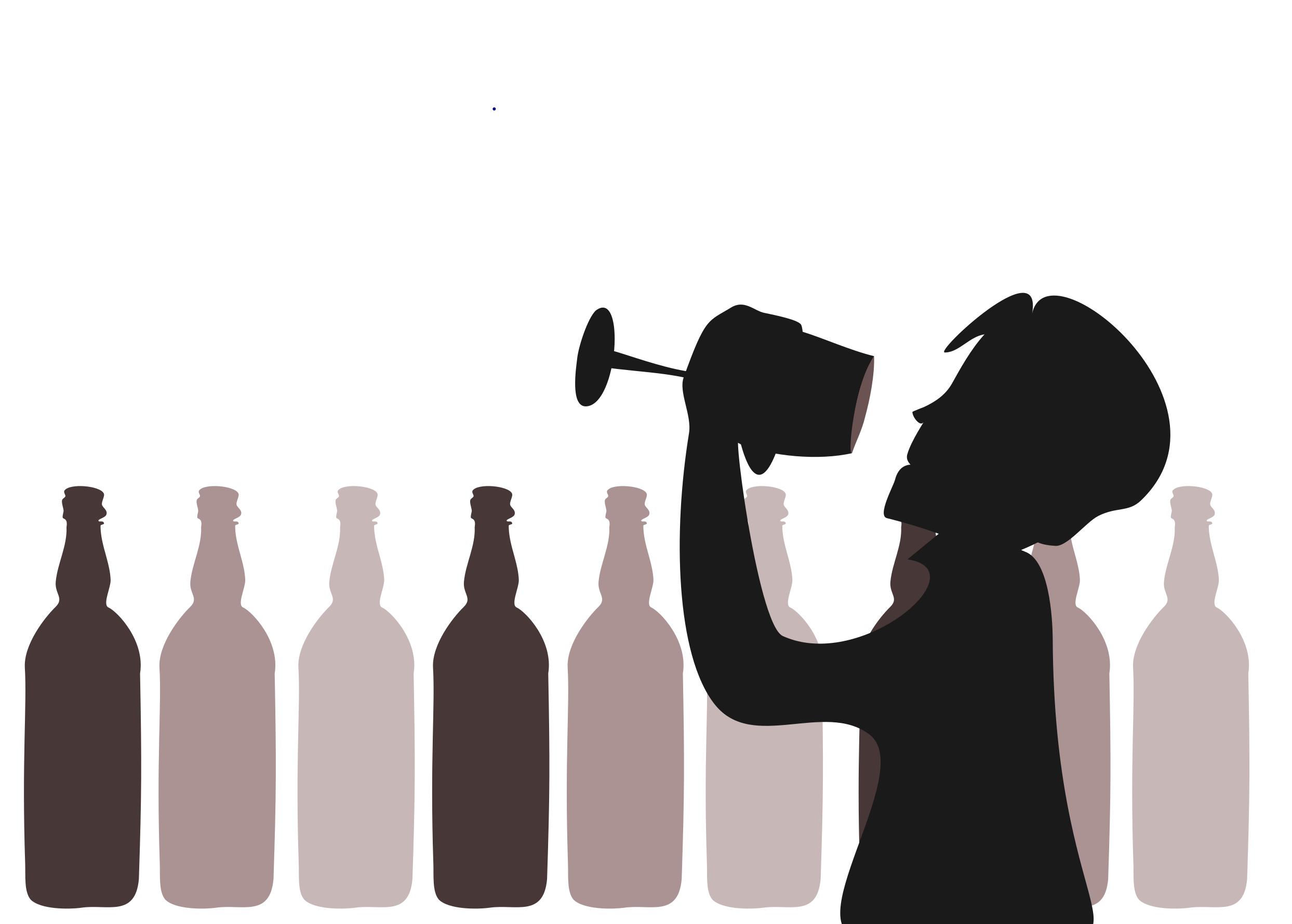 Grafika 2D w formie cieni  - człowiek podnoszący kieliszek do ust po prawej stronie, a w tle stojące butelki. Wszystko w brązowo-beżowej kolorystyce. 